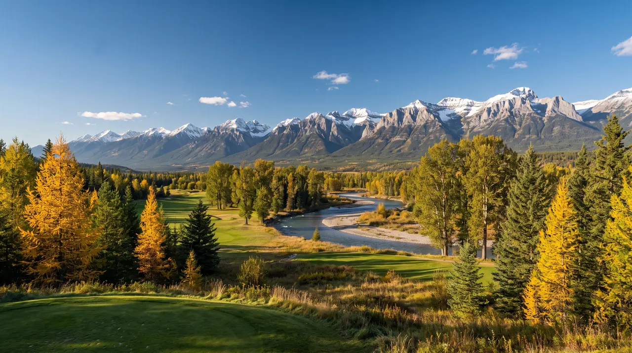 A wide mountain valley in early autumn: golden larches and a golf fairway in front, a river bend, and snow-dusted limestone peaks under a blue sky. Generated image.