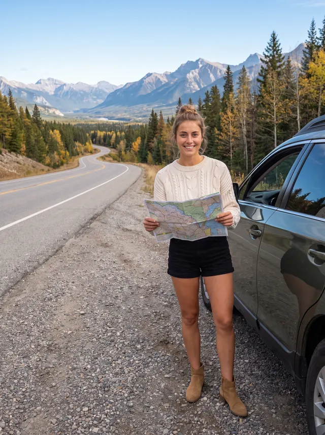 A young woman in a cream sweater and black shorts stands by a green SUV at a mountain highway pull-out, holding an open road map, the valley and peaks behind her.