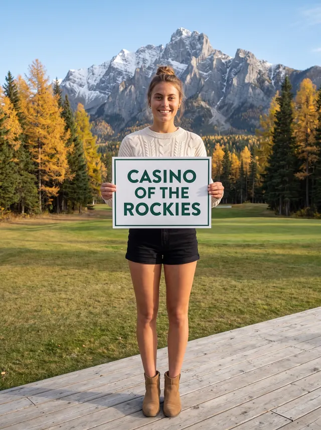 A young woman in a cream cable-knit sweater and black shorts stands on a wooden deck by a golf lawn, holding a white card that reads Casino of the Rockies; larches and a snowy peak behind her.